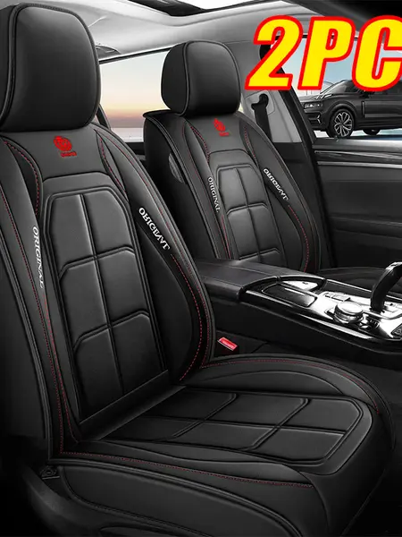 Waterproof Leather Automotive Seat Covers (2PCS, Black with Red Stitching) - Seat Covers for Cars, Car Interior Accessories for Protection and Style