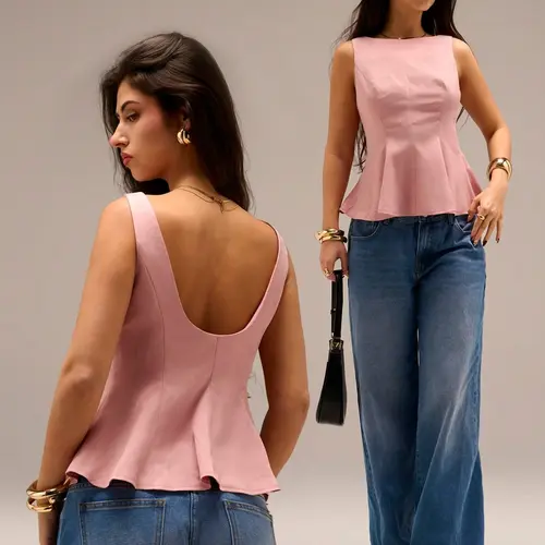 Women's French Backless Waist Cinching Casual Chic Sleeveless Vest, Ruffled Sweet Slimming Fitted Aesthetic Design Solid Tops, Perfect for Casual Wear, Stylish and Comfortable, Womenswear
