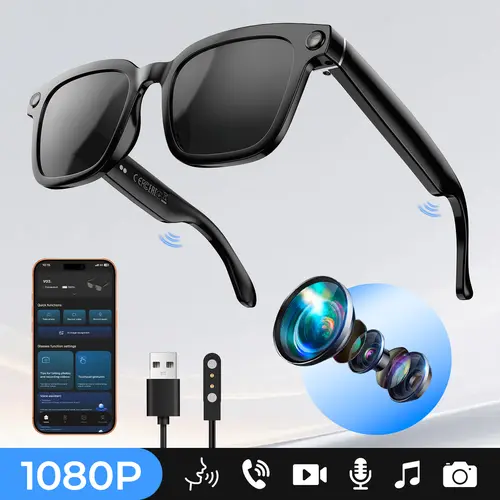 Smart Bluetooth Camera Glasses, 1080P HD Video Recording, Wireless Audio Sunglasses with Built-in Headphones, Voice Assistant, Outdoor Sports Wearable Camera, Compatible with iPhone & Android