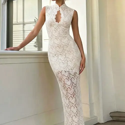 Women's Contrast Lace Bust Cutout Back Split Plain Bodycon Dress, Solid Color Sleeveless Stand Collar Maxi Dress, Elegant Formal Dress, Open Back Dress, Slim Fit Dress for Formal Party, Evening Club and Holiday
