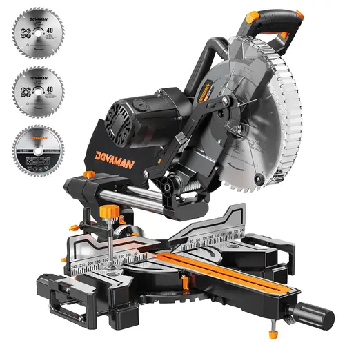 DOVAMAN Updated 10-Inch Dual Bevel Sliding Miter Saw for DIY Enthusiasts, Multi-Material Cutting w/ 3 TCT Blades, 2-Speed 5000/3200 RPM, LED Shadow Line, 0-45° Bevel/Miter Cut, 3.5"x13.4" Max Cut, 9 Positive Stops, Plastic Dust Bag, Extendable Table