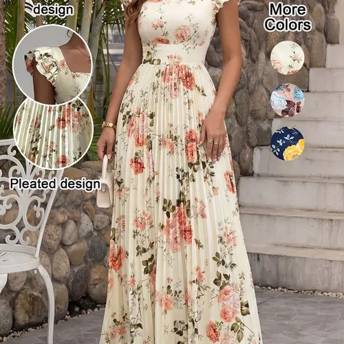 Women's Square Neck Floral Elegant Pleated Ruffled Long Dress, High Tie-waist Slim Fit A-Line Party Dresses, With Ruffled Short Sleeves, Elegant, Feminine and Romantic Women's Dresses, Floral Pattern Dress Aesthetic Elegance Chic, Ball Party Dress