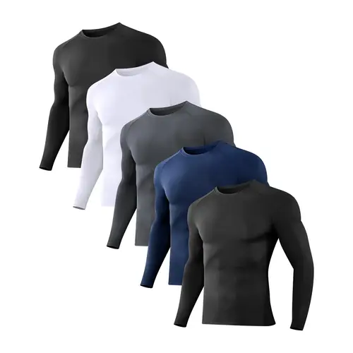Men's 5-Piece Slim-Fit Long-Sleeve Sports Shirt Set Compression T-Shirt for Fitness Daily Activities Versatile Black White Navy Colors,summerwins summerwins,travel essentials,camping essentials