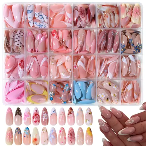 576pcs Long Almond Shape 3D Gel, Flower Design, French Tips, Acrylic False Nails, Includes 4 Jelly Glue & 2 Nail Files, DIY False Nail Kits, False Nail Set, Nail Art Supplies #GLOBAL PICKS