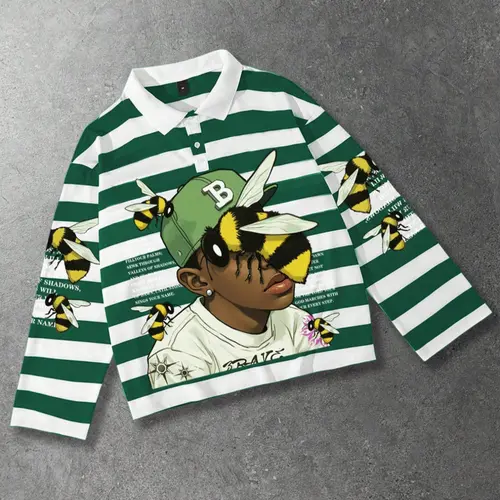 Green & White Striped Polo Collar Long-Sleeve Unisex T-Shirt with Rap & Bee Print, European and American Streetwear Style, Casual Basic Fashion