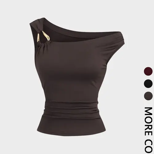 1 Piece Asymmetric Shoulder Ruched Crop Top Casual | Euro-American Y2K Vibe | Cropped Design + Cold Shoulder Detail + | Eye-Catching Pick for Weekend Shopping / Music Festivals