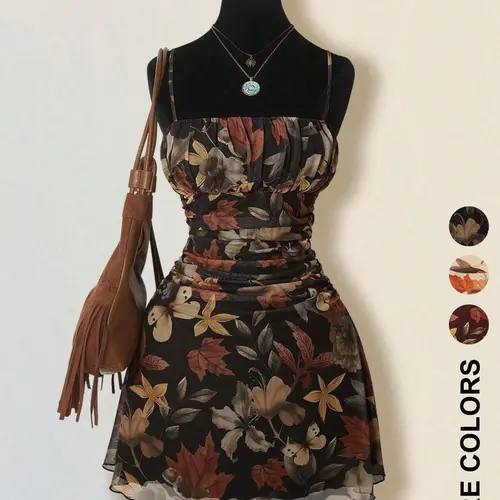 1 Piece Leaf Floral Print Mesh Casual Wear Casual Spaghetti Strap Sundress Slim Fit Design + Lightweight Breathable Fabric Elegance Comfortable Pick for Autumn Day Trips / Casual Social Party