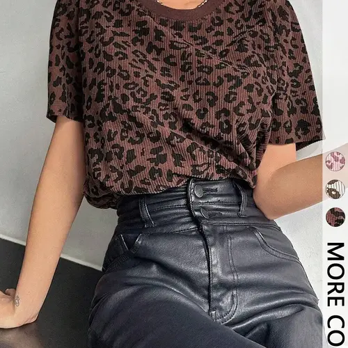 1 Piece Retro Leopard Print Ribbed Short-Sleeve Fitted Summer Top, Casual Fit Chic, Euro-American Fashion Vibe, Womenswear