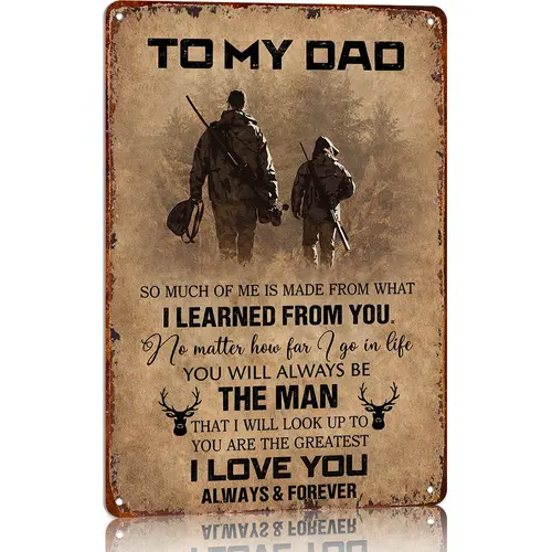 To My Dad Vintage Metal Wall Plaque - Western Decor Hanging with Pre-Drilled Hang Holes, Father-Son Hunter Themed Gift for Farmhouse Living Room (Turns Words into Decor)