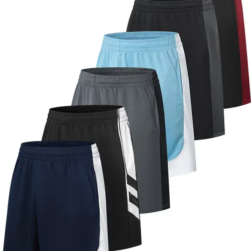 Male 6-Piece Sporty Colorblock Basketball Shorts Set - Breathable Knitting Athletic Shorts, Professional Court Play Activewear, Standout Colors for Easy Rotation