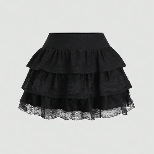 Women's Textured Fabric Contrast Lace Trim Slimming Fit Y2K A-Line Peplum Layered Cake Skirt, Versatile Fashion pleated skirts, Valentine, Fitted, Womenswear, Lady, Fashionable Skirt
