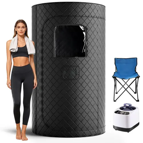 [Limited-10 OFF] Syvio Portable Sauna Box for Relaxation, Detoxification, Steam Sauna Tent for Home with 3.0L Steamer, Folding Chair, Remote Control, Doormat, 9 Levels, 3.6' x 3.6' x 5.9', Circular