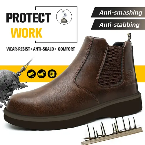 QINGRUIPAI Men's Work Safety Footwear - Closed Round Toe, Steel Safety Toe, Brown Leather, Multi-Protective, Breathable, Lightweight, Non-Slip Walking Shoes for Summer Use, Safety Toe Leather