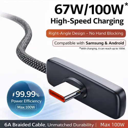 100W/67W Right Angle USB-C Cable Fast Charging PD PPS 240W 5A Braided Cord 45W USB C to USB C for iPhone15/16/17 Pro Max Samsung Android Phones Tablets Laptops 90 Degree No Hand Blocking