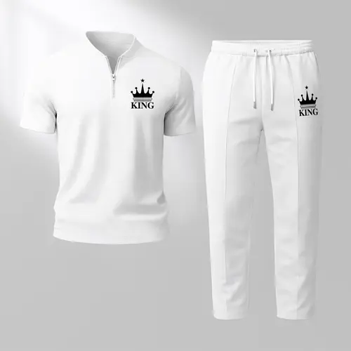 Men’s King Print Zip Henley Collar Short Sleeve and Long Pants Two Piece Set Made with Waffle Knit Fabric Breathable Soft Texture Loose Fit for Casual Everyday Wear