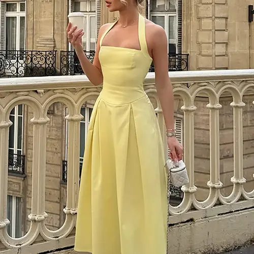 Women's Chic Elegant Solid Color Backless Sleeveless A-Line Pleated Halter Neck Slim Fit Midi Dress for Party, Holiday & Daily Wear