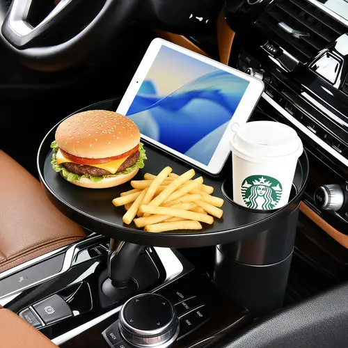 FLORICH ABS Plastic Car Organizer - 360° Rotates Tray + Cup Holder Expander, Universal Steering Wheel Mount Desk for In-Car Dining, Drinks, Fits Auto Center Console