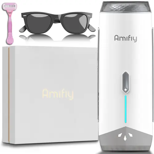 AMIFIY IPL Hair Removal Device - Painless Ice Cooling, 3 Customizable Intensity Levels, 2 Treatment Modes, At-Home Kit with Charger & Glasses for Women, Face & Body Hair Removal Appliance