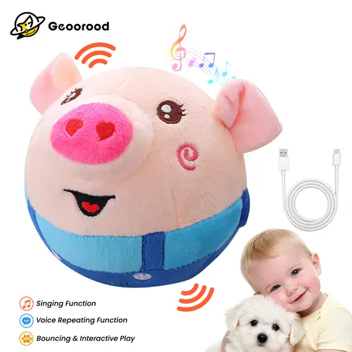 【Geoorood】 USB-Rechargeable Interactive Pig Toy for Small & Medium Dogs – Bouncing, Singing, Voice-Repeating Plush Ball with Washable Cover (Red/Blue) #backtoschool