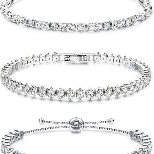 3 Pieces Silver Tennis Bracelet Stack for Women, Silver Crystal Cubic Zirconia Sparkle Bracelet, Friendship Fashion Jewelry, Christmas Birthday Gift for Women