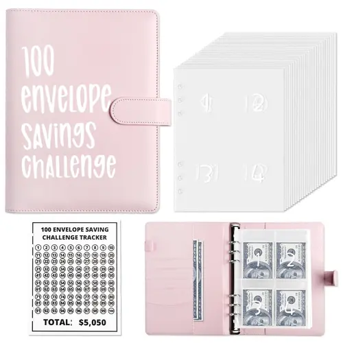 Money Saver Budget Binder Book with Pouches, 100 Envelope Challenge Binder with Numbers, A5 Money Budget Envelopes for Cash Saving $5,050 Pink