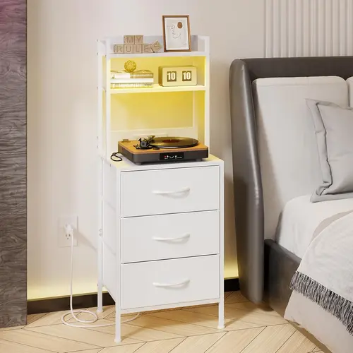 Tall Nightstand with Charging Station, 41 Inch Led Night Stand with U-S-B Port & Socket, 3 PU Finished Fabric Storage Drawers, Office, Bed Side Table & Bookshelf in One, White