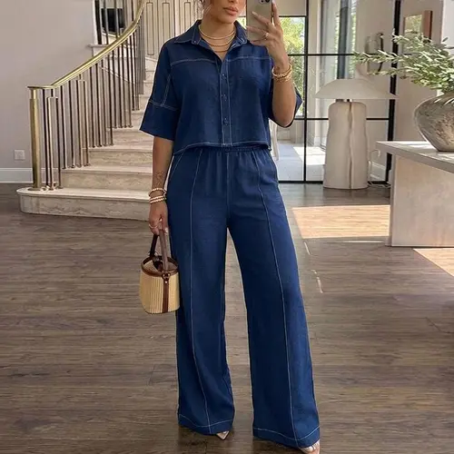 CHICME Women's 2 Pieces Outfit Turn-down Collar Half Sleeve Button Front Top and Elastic Waist Wide Leg Pants Set Casual Contrast Stitching Commuting Set Loose Clothes