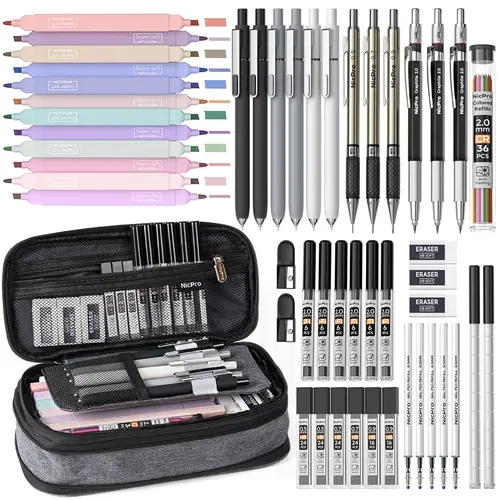 Nicpro 50 PCS Office Stationery Set with Pencil Pouch - Back to School Shopping Learning Tool, Drawing Supplies Kit, 6 Gel Pens & Refills, 12 Highlighters, 6 Art Mechanical Pencils, 12 Tube Lead Refills for Students, College School Supplies