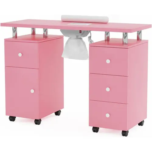 OmySalon Portable Manicure Table - Acetone-Safe Top Manicure Salon Set for Nail Techs, Salon Home Station with Electric Dust Collector, Detachable Dust Bag, 4 Drawers, Cabinet, Wrist Cushion, Lockable Wheels