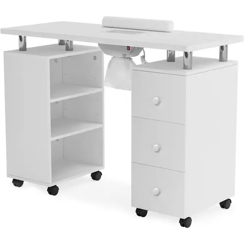 OmySalon Sturdy Stable Wood Manicure Table for Nail Techs - MDF Surface Commercial Salon Nail Desk Station with Electric Downdraft Vent, Lockable Wheels, Wrist Cushion, Storage Shelves, Drawers, Detachable Dust Bag sohochic
