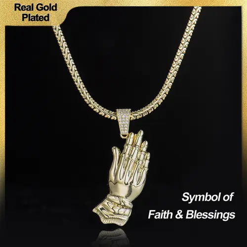 Holylegend 14K Real Gold-Plated Praying Hands Pendant Necklace for Men, 3D Carved Pendant with CZ Iced Bail, Gift-Ready Religious Jewelry,Father's Day Gift