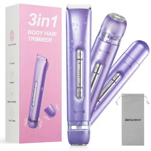 BETYPECA Women's 3-in-1 Rechargeable Bikini Trimmer Kit - Lightweight IPX7 Waterproof Multifunctional Hair Shaver, Epilator, Clipper with 6000-7000 VPM Vibration Massage, Cordless Portable Shaver for Facial Hair Removal, Wife Gift