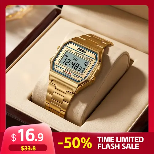 SKMEI Men's Antique-Inspired Gold-Accented Luminous LED Light-Up Waterproof Digital Wristwatch - Small Square Retro INS-Style Casual Watch with Alarm, Calendar, Timing, Battery-Operated (Men's Accessories), Luminous Wrist Watches