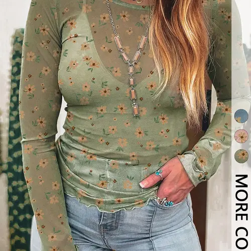 1 Piece Boho Style Vintage Floral Sheer Casual Long-Sleeve Top Womenswear Euro-American Vintage Aesthetic Semi-Sheer Texture + Slim Fit Ideal for Girls' Brunch / Park Strolls