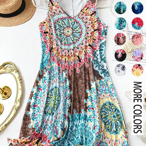 Women's Plus Size All Over Print Tank Dress, Casual Basic Sleeveless Dress, Comfortable, Fashion and Stylish, Perfect for Vacation and Home Use, Boho, Bohemian