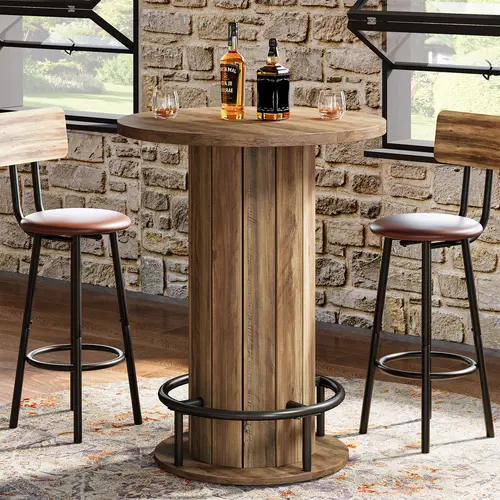Tribesigns Round Bar Table, 39.4" H Wood Bistro Pub Table with Metal Ring Footrest for Dining Coffee Cocktail Living Room, Small Space, Brown(Only Table)