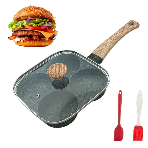 Aluminium 4-Hole Nonstick Egg Frying Pan Skillet with Lid Set - Compact Kitchen Accessories (Silicone Oil Brush, Spatula), 5-Min Busy Mornings Cookware, 4-Well Design, Compatible with Gas Stoves & Induction Cookers, Durable Omelette Pan