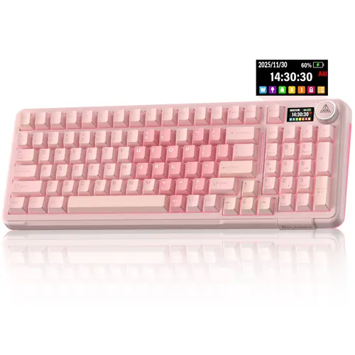 Solakaka A99 Pro 99% Wireless Mechanical Keyboard - Creamy, Illuminated, Pro Gaming, Hot-Swappable, LCD Screen, Control Knob, Tri-Mode Bluetooth/2.4G/USB-C, RGB Backlit, Pink Bluetooth Keyboard, Creamy Keyboard,back to school,back to school haul
