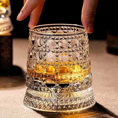 360° Rotating Whiskey Glass Tumbler, Spinning Crystal Wine Glass with Stress Relief Function, Stable Decoupled Base, Exquisite Embossed Patterns for Scotch,Bourbon,Cocktails,Mother's Day  gift