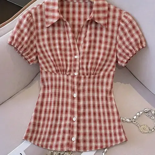 Women's Summer Pleated Short Sleeve Plaid Shirt Blouse, Ruched Chest Pleat Design, Waist Cinched Fit, Casual Comfy Office & Daily Wear