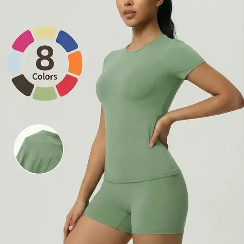 Women's Two-Piece Crewneck Short Sleeve Top and Shorts Set, Sexy Casual Design, Comfortable Fit, Perfect for Daily Wear, All Seasons, Plain Style, Outfit