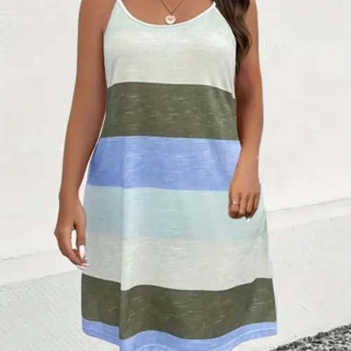 Plus Size Colorblock Striped Halter Dress, Loose Fit Slimming Sleeveless A-Line Skirt, Casual Summer Fashion for Women, Casual Chic Dress, Casual Dresses