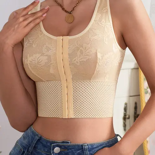 Women's Multi-Functional Shapewear Floral Tank Top Bra, Front Buckle Gathered Bra Vest, No Underwire, Abdominal Control, Casual Daily Wear