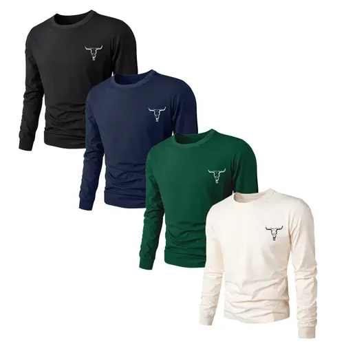 Men's 3-Piece Casual Solid Long-Sleeve Round Neck Tshirt Set - Mens Clothing Sporty Chic Graphic Top with Signature Bull Head Design, All-Day Softness, Father's Day Gifts for Him