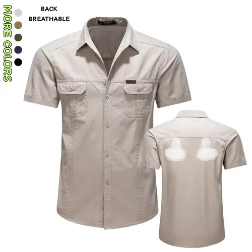 Men's Collared Shortsleeve Button-Up Shirt - Durable Non-Stretch Workwear Garment, Menswear Apparel with Reinforced Pockets, Suitable for Outdoor Activities & Everyday Casual Wear