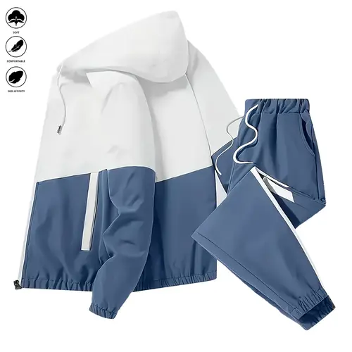 Men's 2 Piece Sweatsuit Matching Set - All-Season Loose Multi-Color Hooded Pullover, Zip-Up Jacket, Long-Sleeved Coat, Track Pants for Gym Running Outdoor Activities