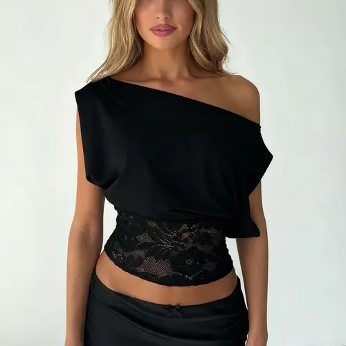 Elegant Lace Ruched Crop Top, Asymmetrical Neckline Design, Summer Street Style-Infused Women's Streetwear Basic Tee, Plain Design, Versatile Womenswear, Lady