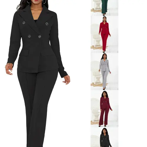 Women's 2-Piece Set, Fashionable Elegance, Elegant, Simple Style, Autumn Winter, Double Button Long Sleeve Blazer, High Waist Straight Leg Pants, Professional, Suits, Solid