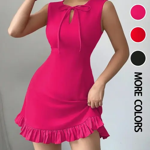 Elegant Women's Round Neck Bow Design Sleeveless Short Mini Dress, Slim-Fitting Colorblock Hem, Casual Party Commuter Wear, Back Sleeveless Bodycon