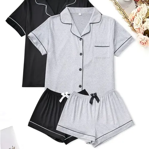 Women's Sleepwear Set Outfit, Lapel Cardigan & Solid Color Short Sleeve Shorts, Four Seasons Comfortable Home Wear Loungewear Pajamas